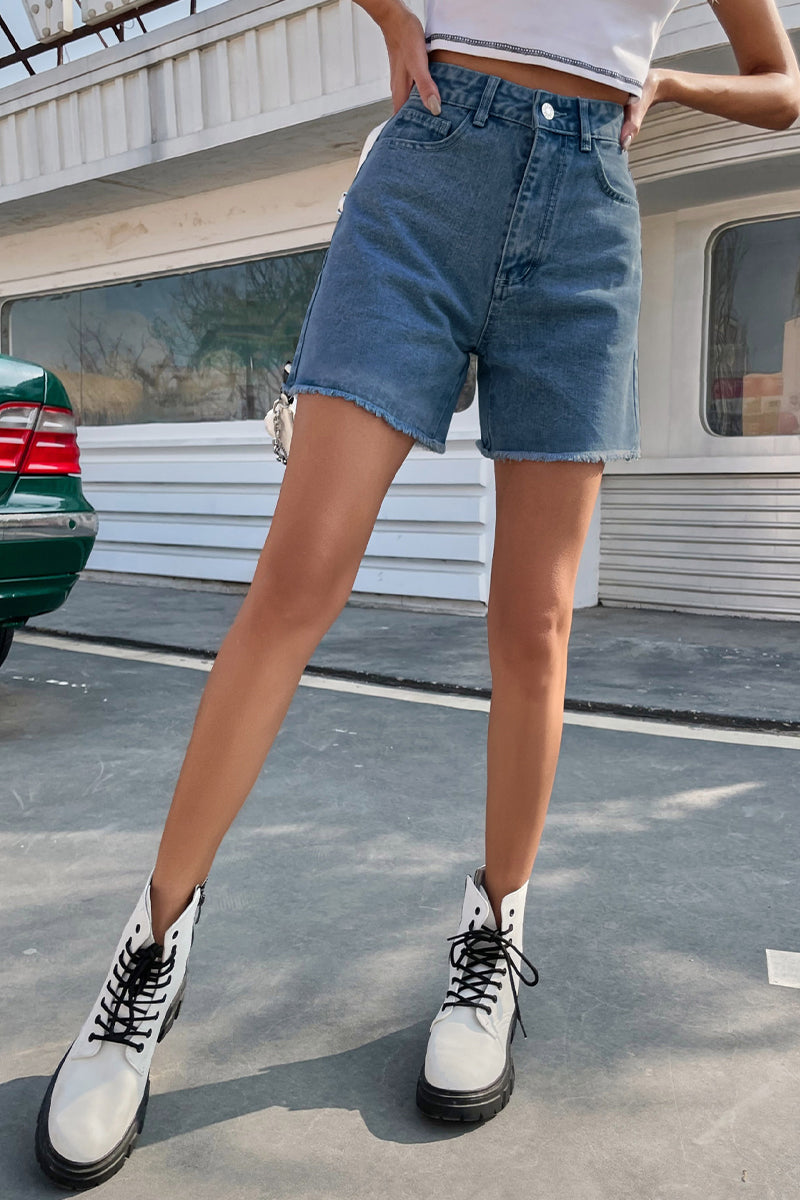 Kaynafashions - Casual Solid Make Old High Waist Straight Denim Shorts