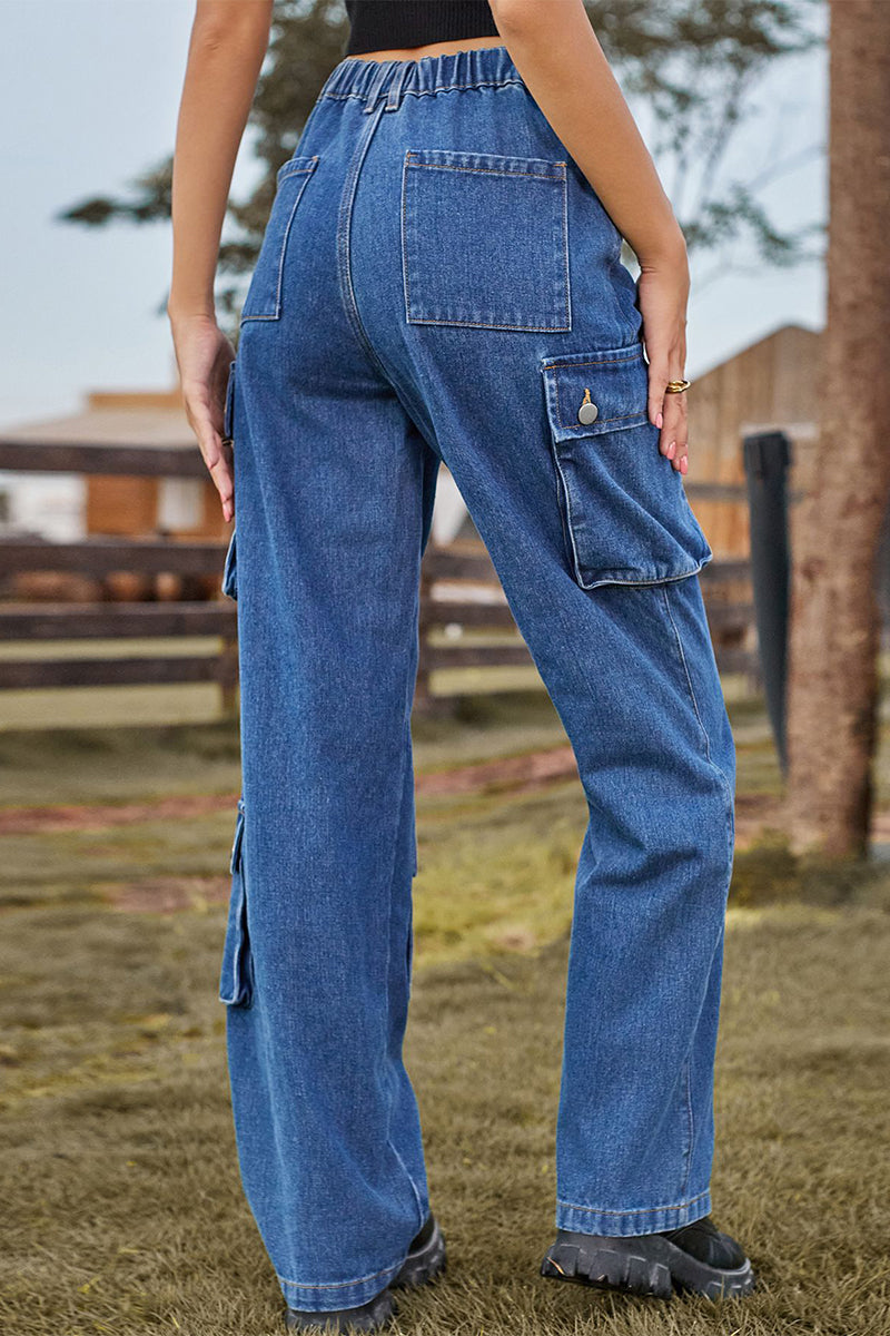 Kaynafashions - Street Solid Pocket Mid Waist Loose Denim Jeans