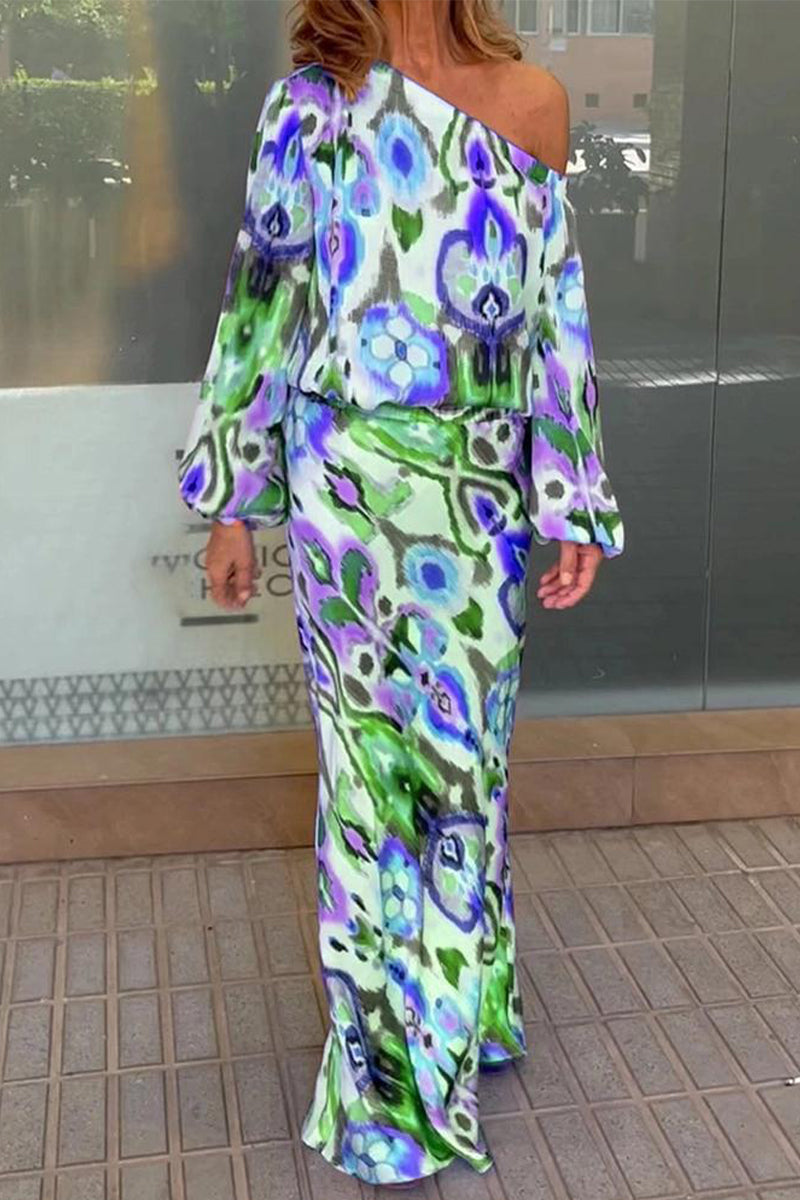 Kaynafashions - Sexy Floral Asymmetrical Oblique Collar Long Sleeve Two Pieces(7 Colors)