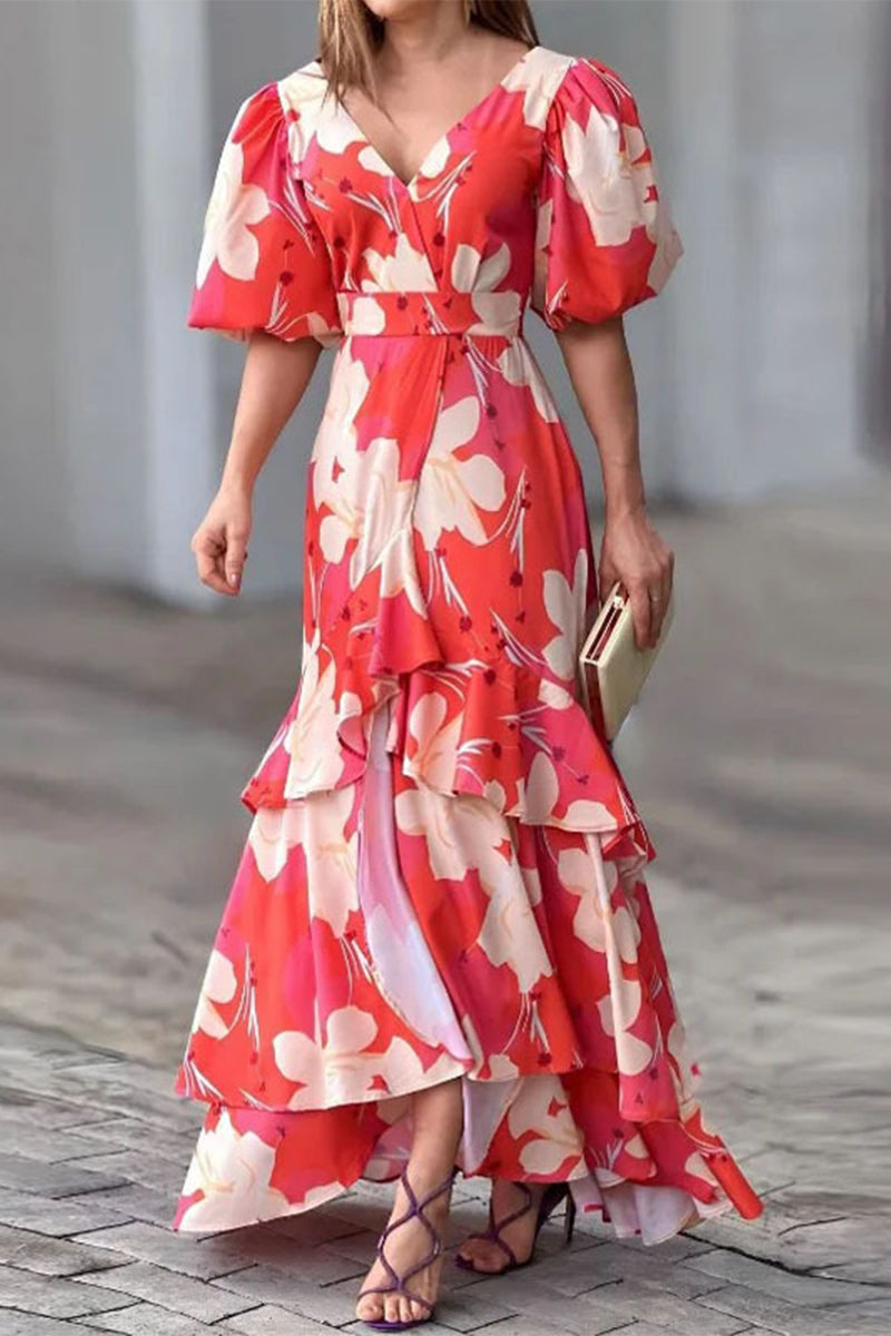 Kaynafashions - Elegant Floral Patchwork V Neck A Line Dresses