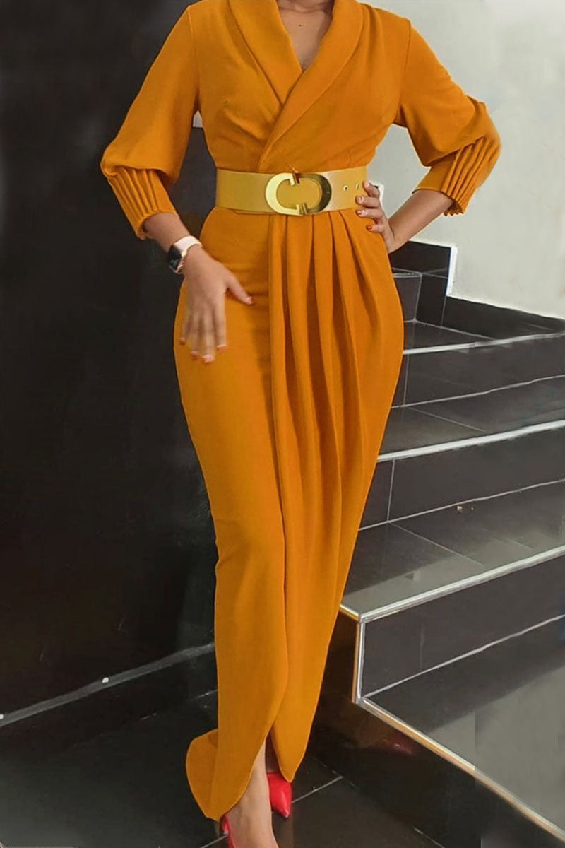 Kaynafashions - Elegant Solid Patchwork Fold With Belt V Neck Long Sleeve Plus Size Dresses