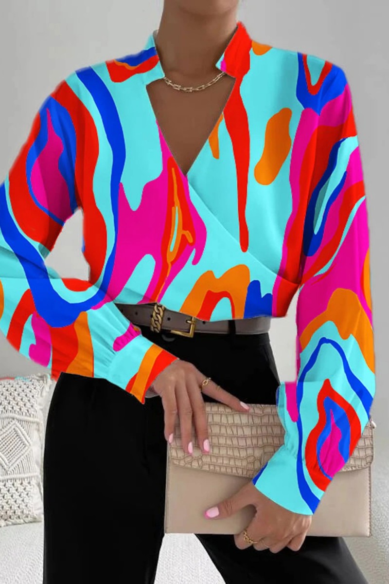 Kaynafashions - Casual Print Patchwork V Neck Tops