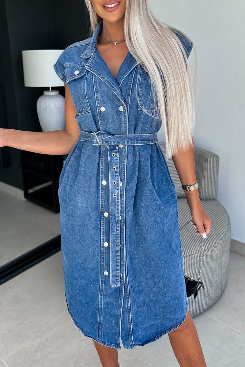 Kaynafashions - Casual Solid Pocket Turndown Collar Sleeveless Straight Denim Dresses