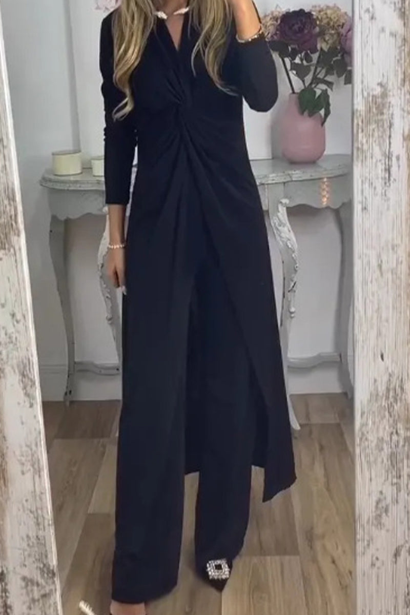 Kaynafashions - Casual Solid Fold V Neck Long Sleeve Two Pieces