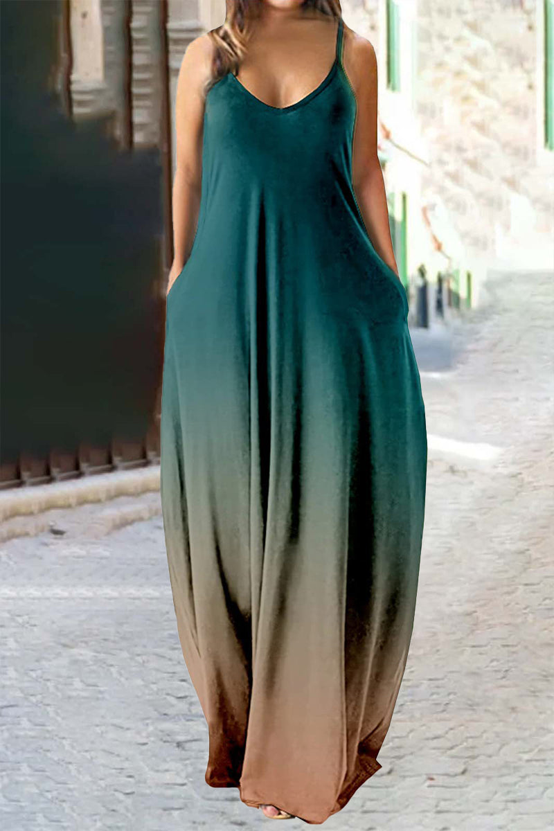 Kaynafashions - Plus Size Casual Vacation Gradual Change Pocket Contrast V Neck Printed Dress Dresses
