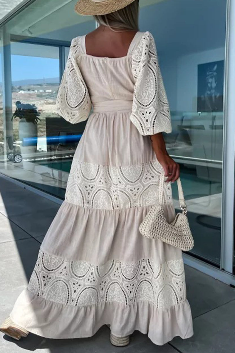 Kaynafashions - Sweet Elegant Solid Lace Hollowed Out Frenulum Square Collar Princess Dresses