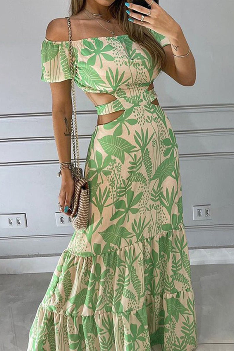 Kaynafashions - Sexy Elegant Print Frenulum Off the Shoulder Printed Dress Dresses(4 Colors)