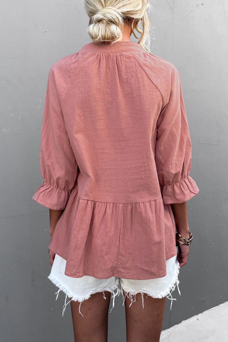 Kaynafashions - Casual Solid Flounce Fold V Neck Tops(5 Colors)