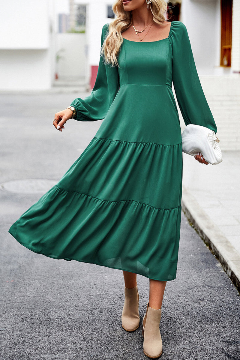Kaynafashions - Celebrities Elegant Solid Patchwork Square Collar A Line Dresses