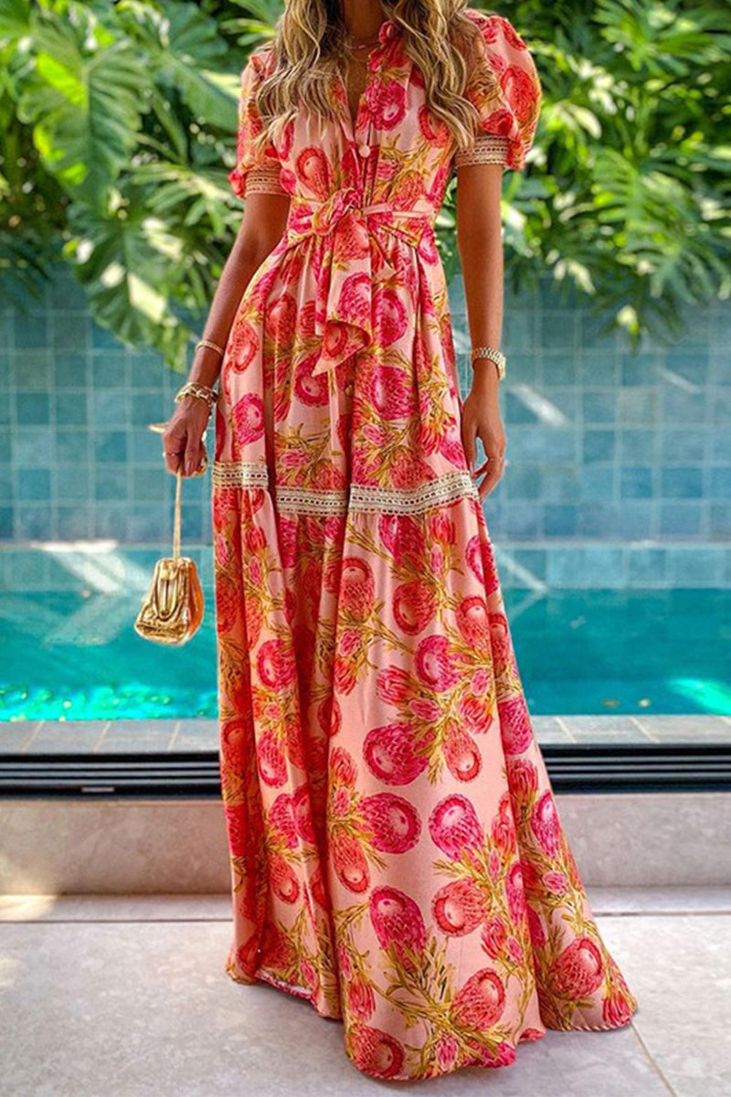 Kaynafashions - Sweet Elegant Print Frenulum Turndown Collar Irregular Dress Dresses