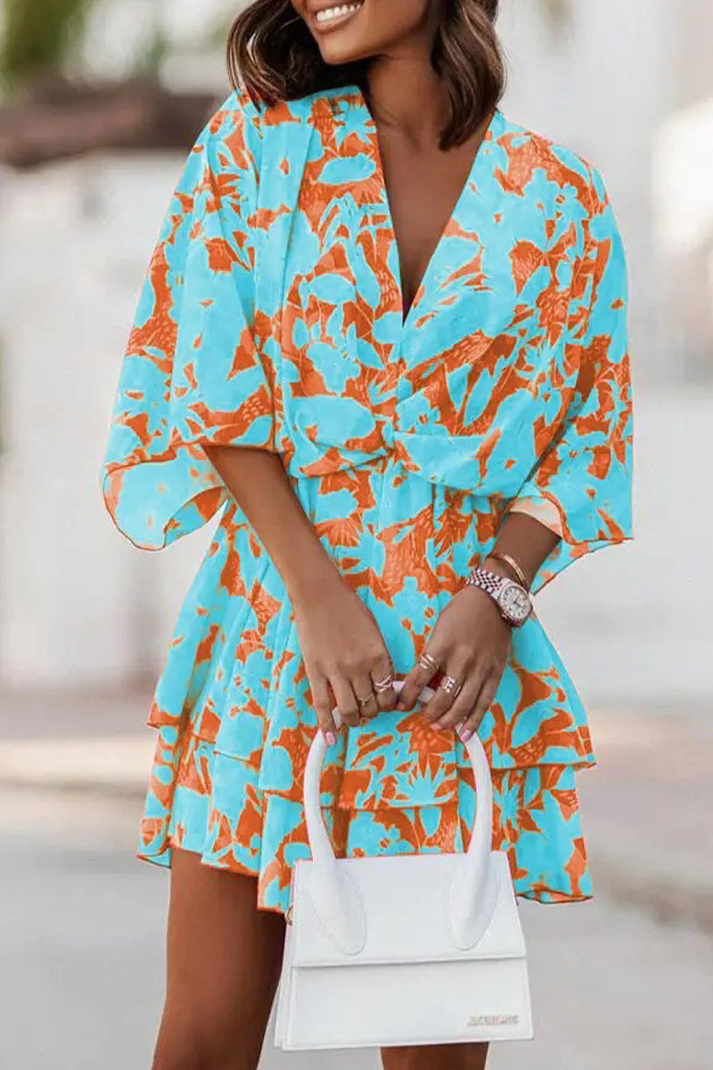 Kaynafashions - Sweet Elegant Floral Patchwork V Neck Pleated Dresses(9 Colors)