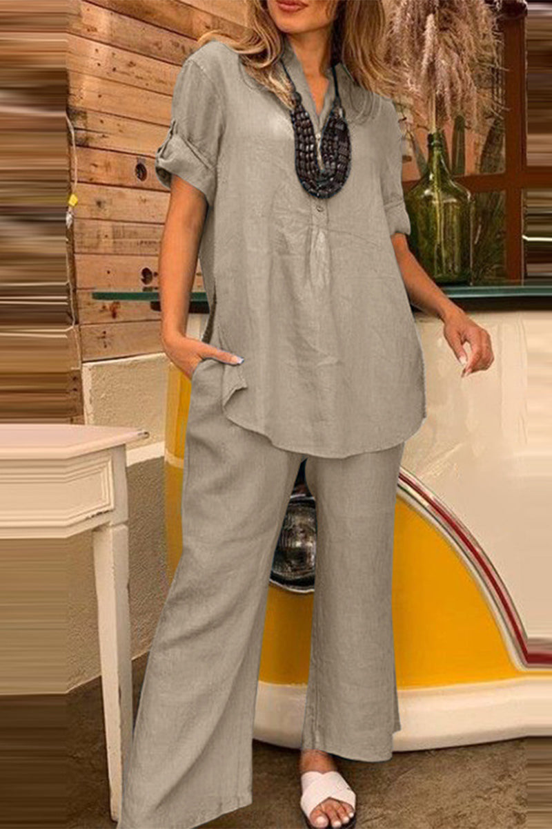 Kaynafashions - Work Simplicity Solid Buttons V Neck Short Sleeve Two Pieces