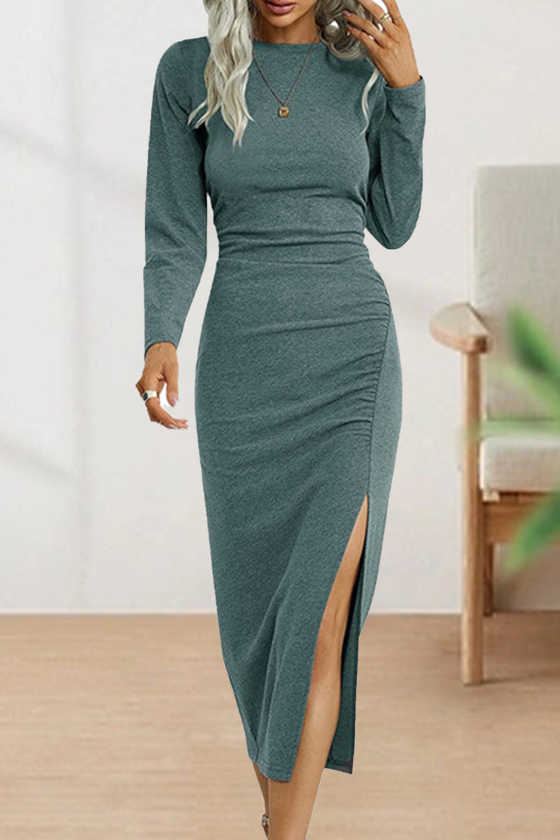 Kaynafashions - Sweet Elegant Solid Fold O Neck Sheath Dresses(6 Colors)