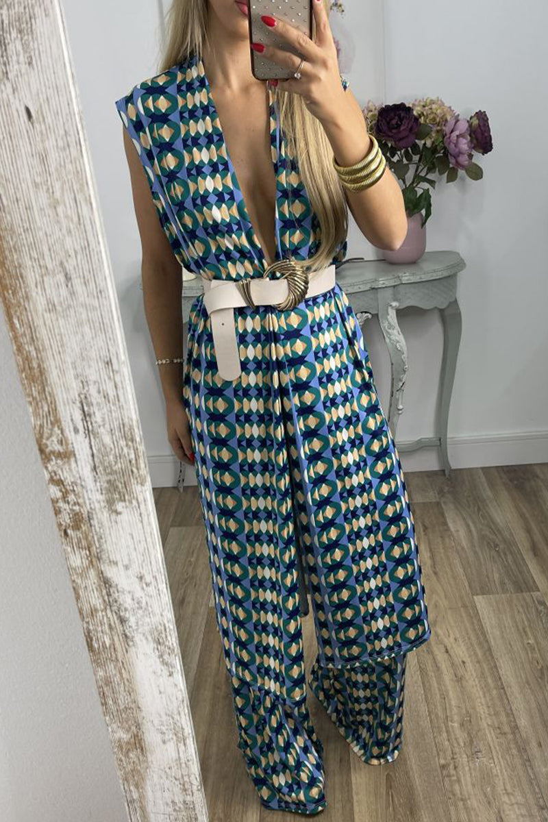 Kaynafashions - Casual Geometric With Belt Printing V Neck Sleeveless Two Pieces