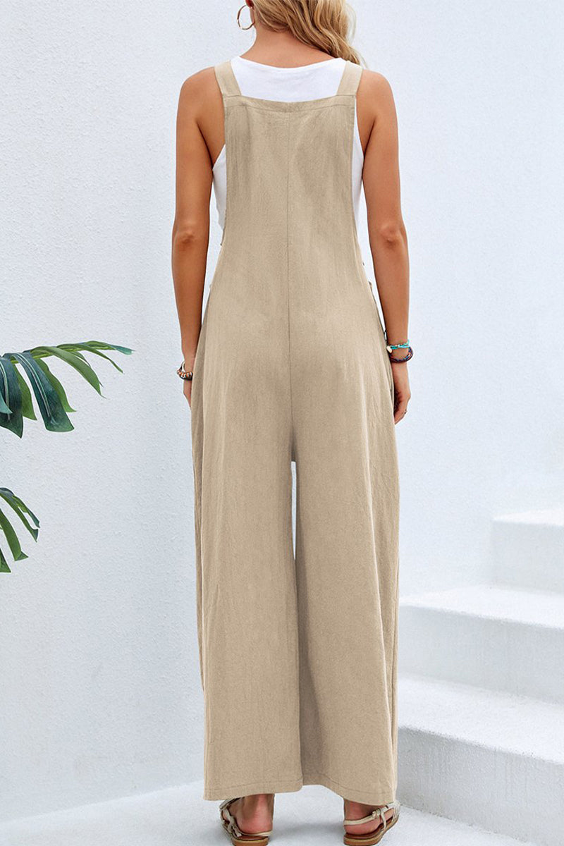 Kaynafashions - Casual Vacation Solid Buttons Square Collar Loose Jumpsuits(10 Colors)