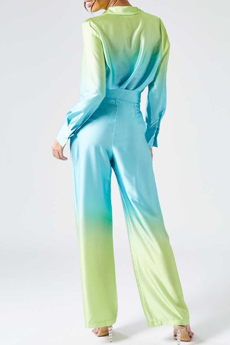 Kaynafashions - Casual Gradual Change Contrast Turndown Collar Long Sleeve Two Pieces(8 Colors)