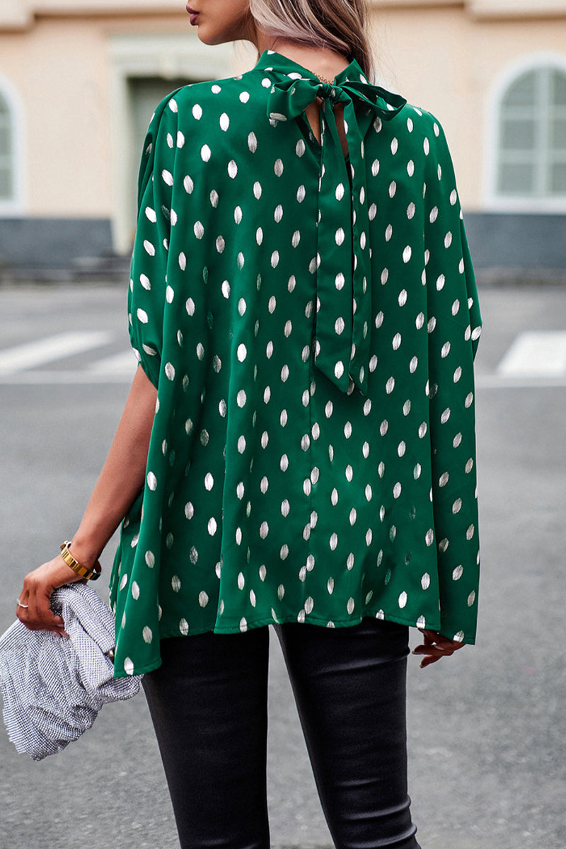 Kaynafashions - British Style Elegant Polka Dot Bandage Mandarin Collar Tops