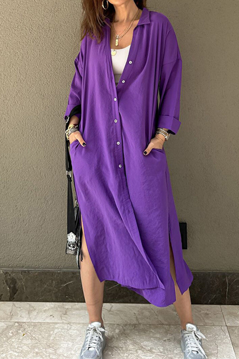 Kaynafashions - Casual Solid Buckle POLO collar Shirt Dress Dresses