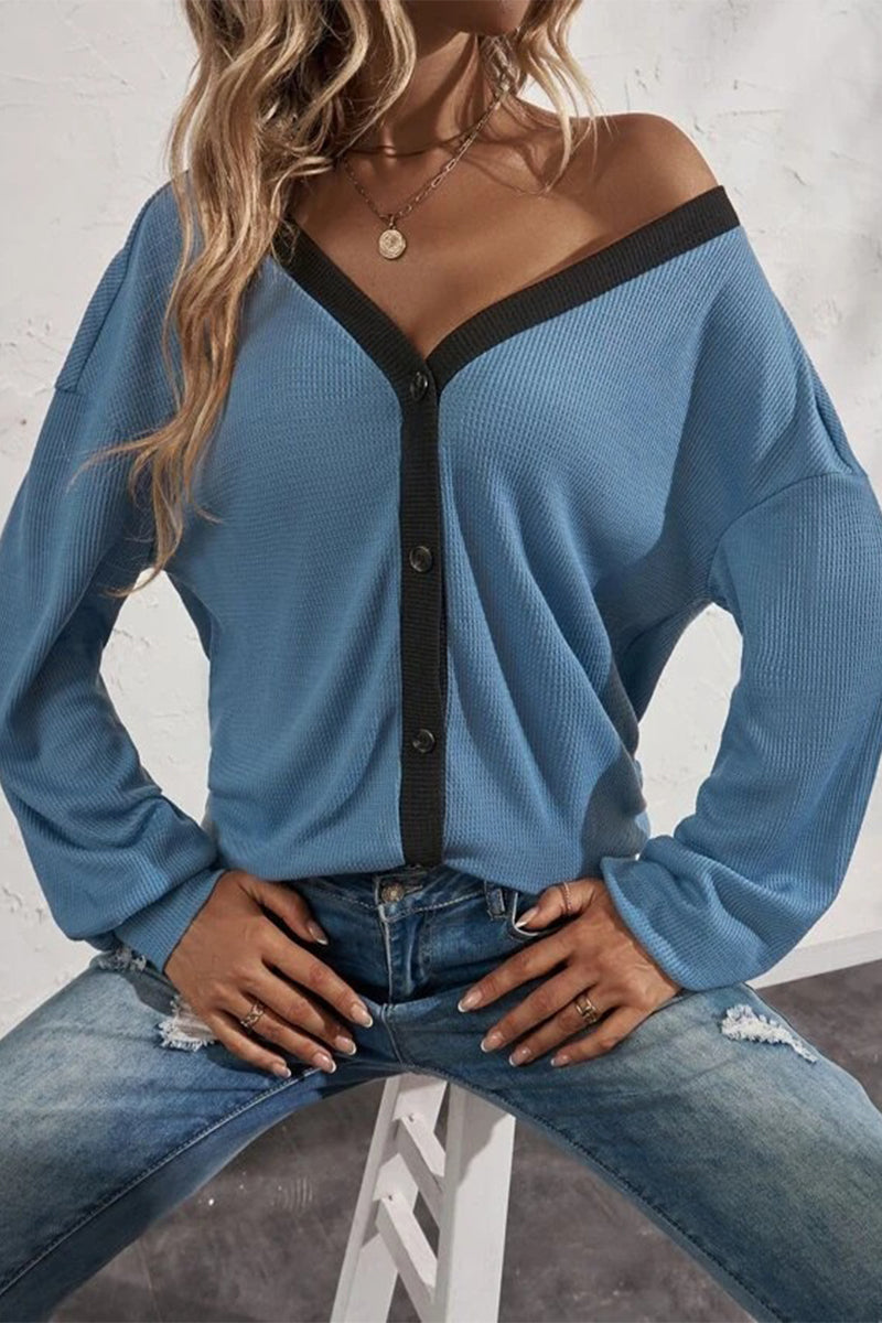 Kaynafashions - Casual Solid Patchwork Buttons V Neck T-Shirts(7 Colors)