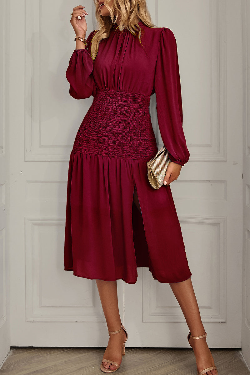 Kaynafashions - Elegant Solid Flounce Half A Turtleneck Waist Skirt Dresses