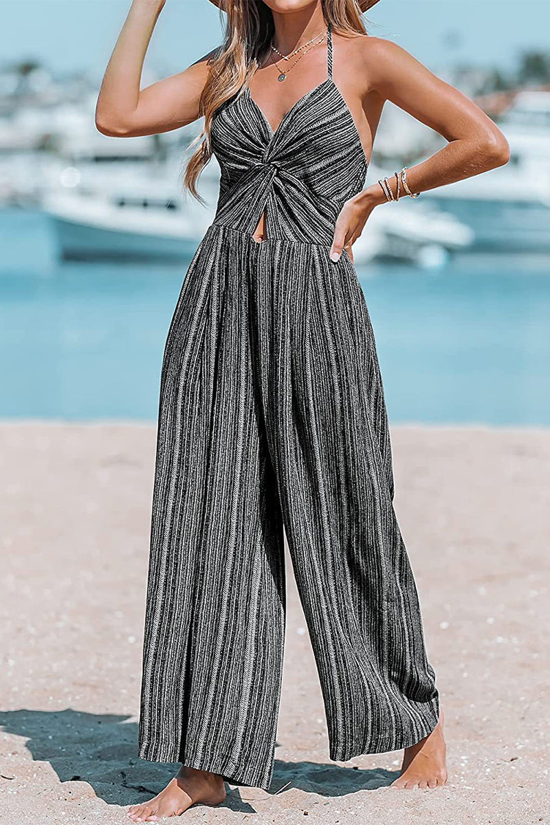 Kaynafashions - Daily College Striped Print Patchwork V Neck Loose Jumpsuits