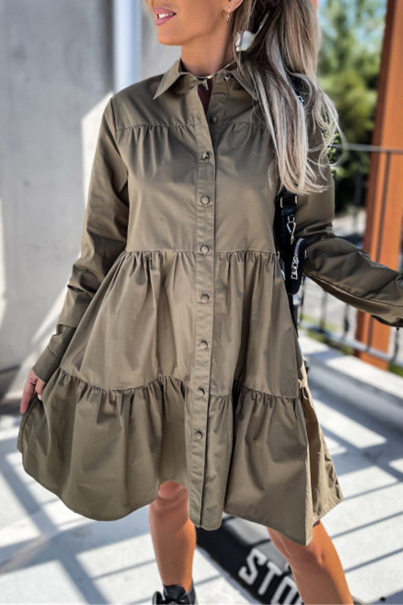 Kaynafashions - Casual Buckle Turndown Collar Shirt Dress Dresses(4 Colors)