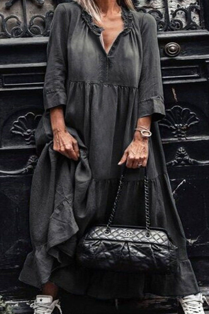 Kaynafashions - Fashion Street Solid Patchwork V Neck A Line Dresses