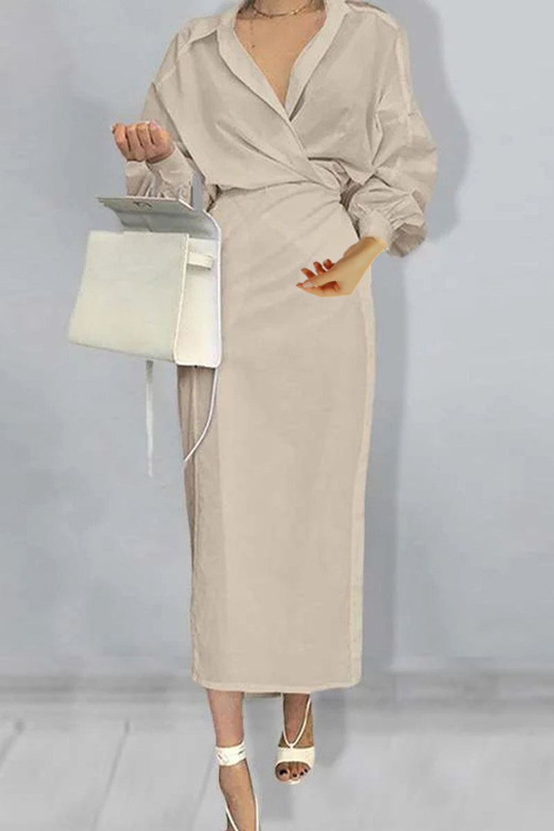 Kaynafashions - Elegant Solid Fold Turndown Collar Wrapped Skirt Dresses