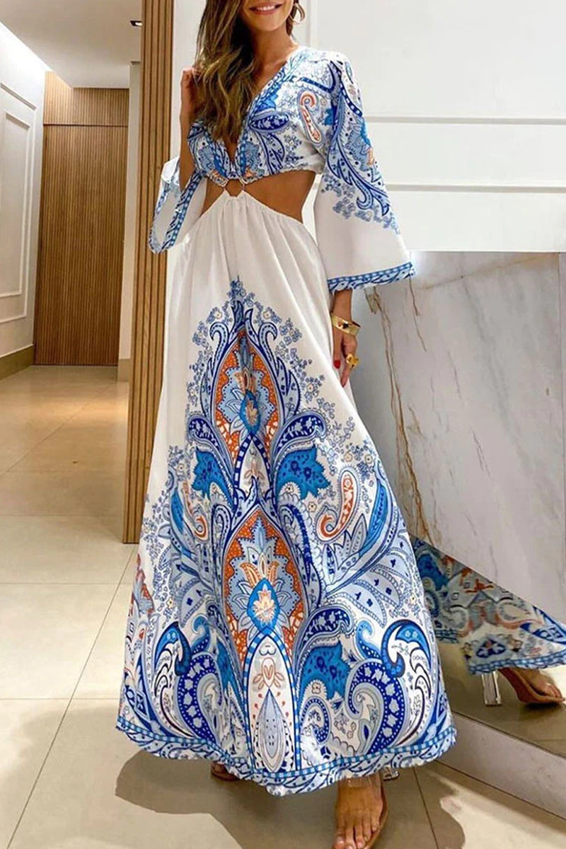 Kaynafashions - Bohemian College Print Hollowed Out Patchwork V Neck Beach Dress Dresses