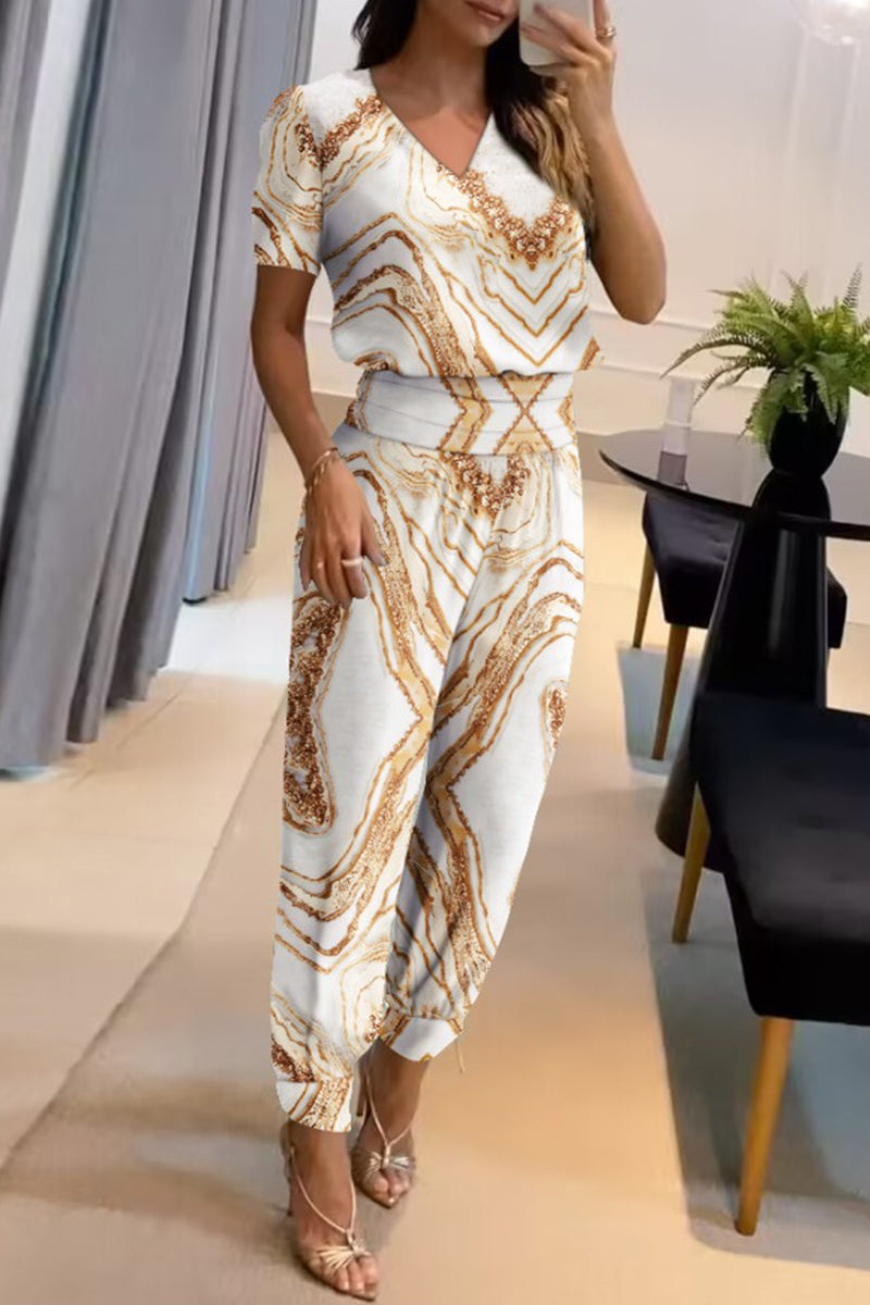 Kaynafashions - Casual Geometric Patchwork V Neck Short Sleeve Two Pieces(4 Colors)