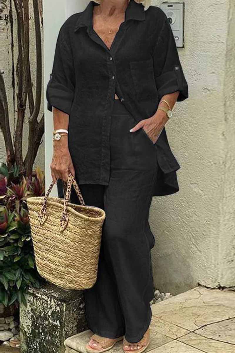 Kaynafashions - Casual Solid Patchwork Turndown Collar Long Sleeve Two Pieces