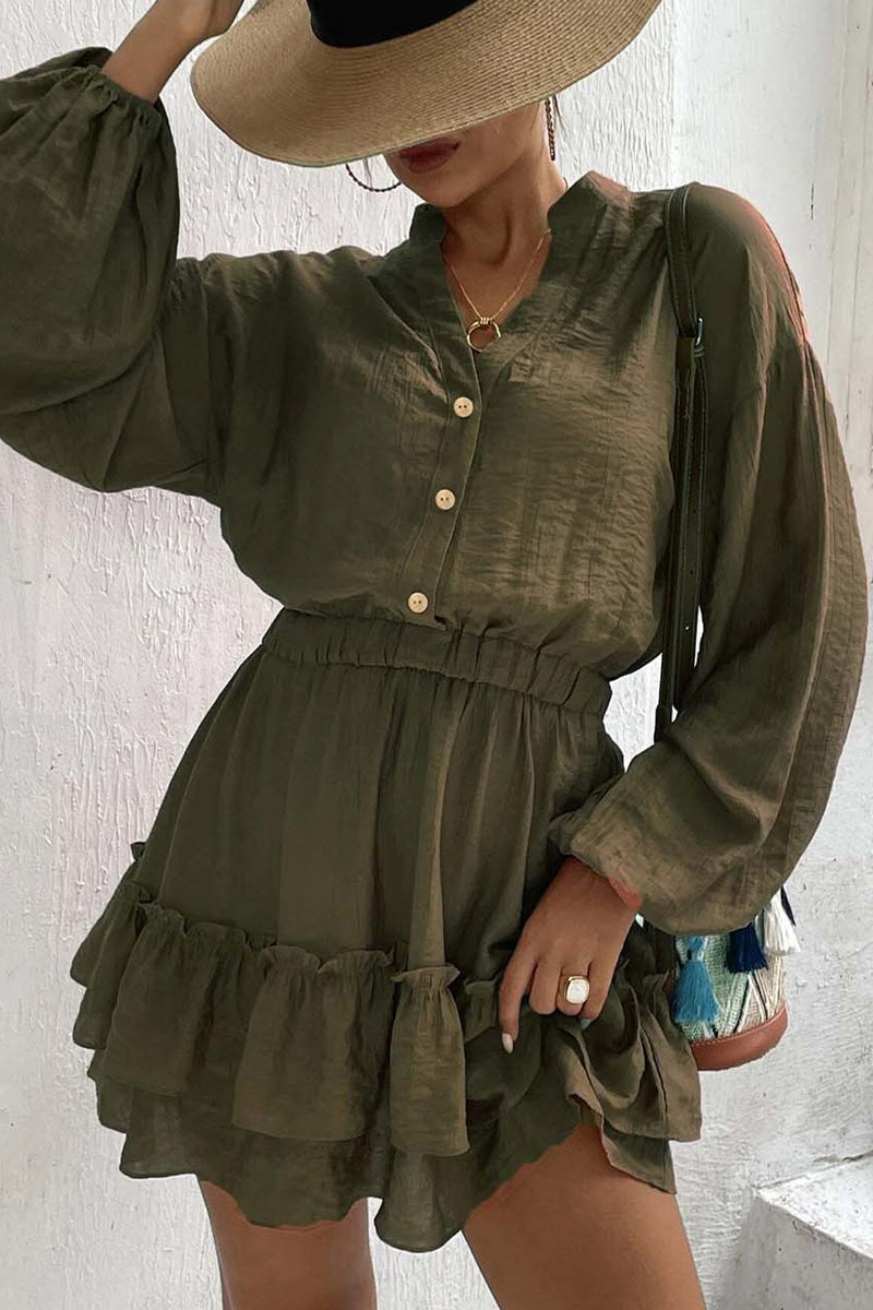 Kaynafashions - Casual Solid Flounce Half A Turtleneck Waist Skirt Dresses