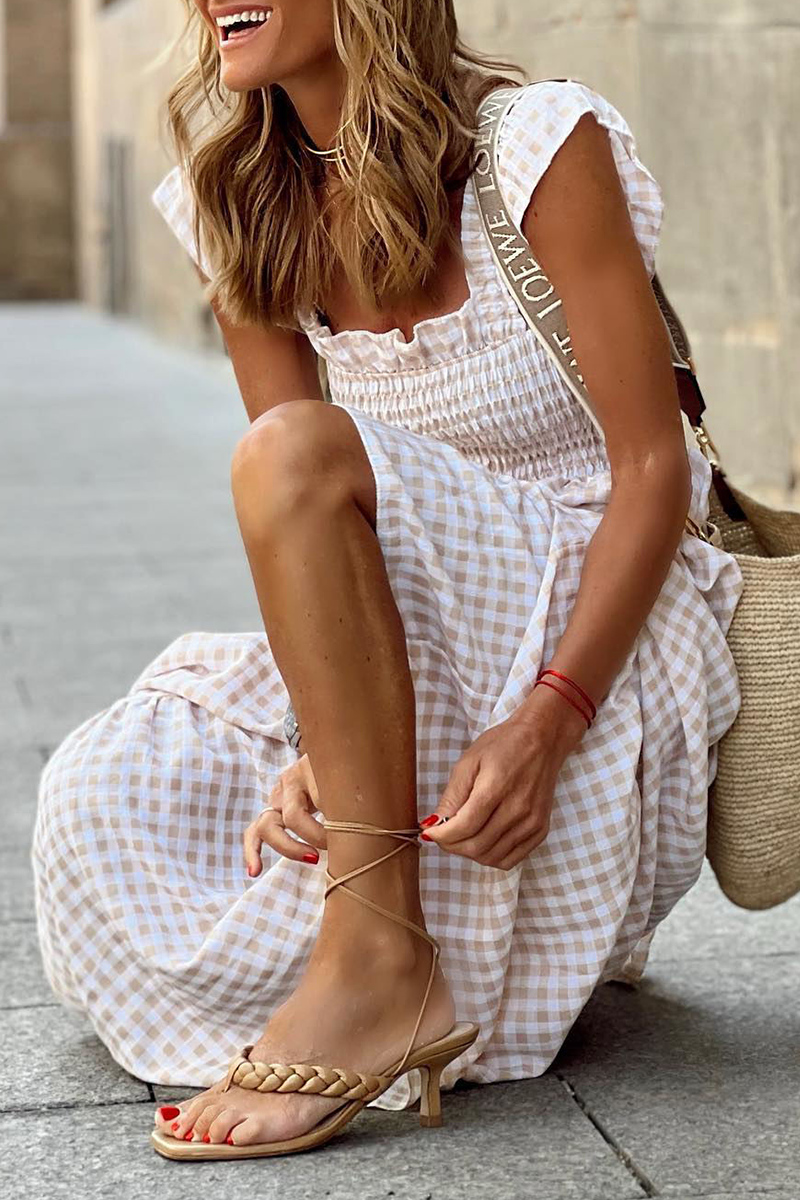 Kaynafashions - Fashion Plaid Patchwork Square Collar Cake Skirt Dresses(4 Colors)