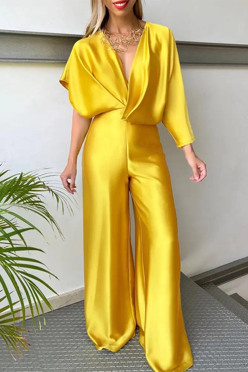 Kaynafashions - Work British Style Solid Frenulum Asymmetrical V Neck Straight Jumpsuits(6 Colors)