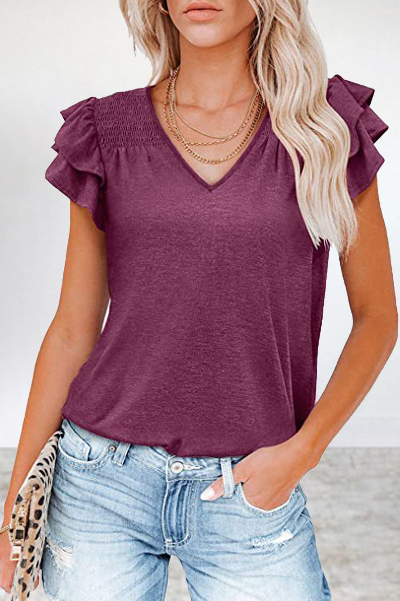 Kaynafashions - Casual Simplicity Solid Flounce V Neck T-Shirts(5 Colors)