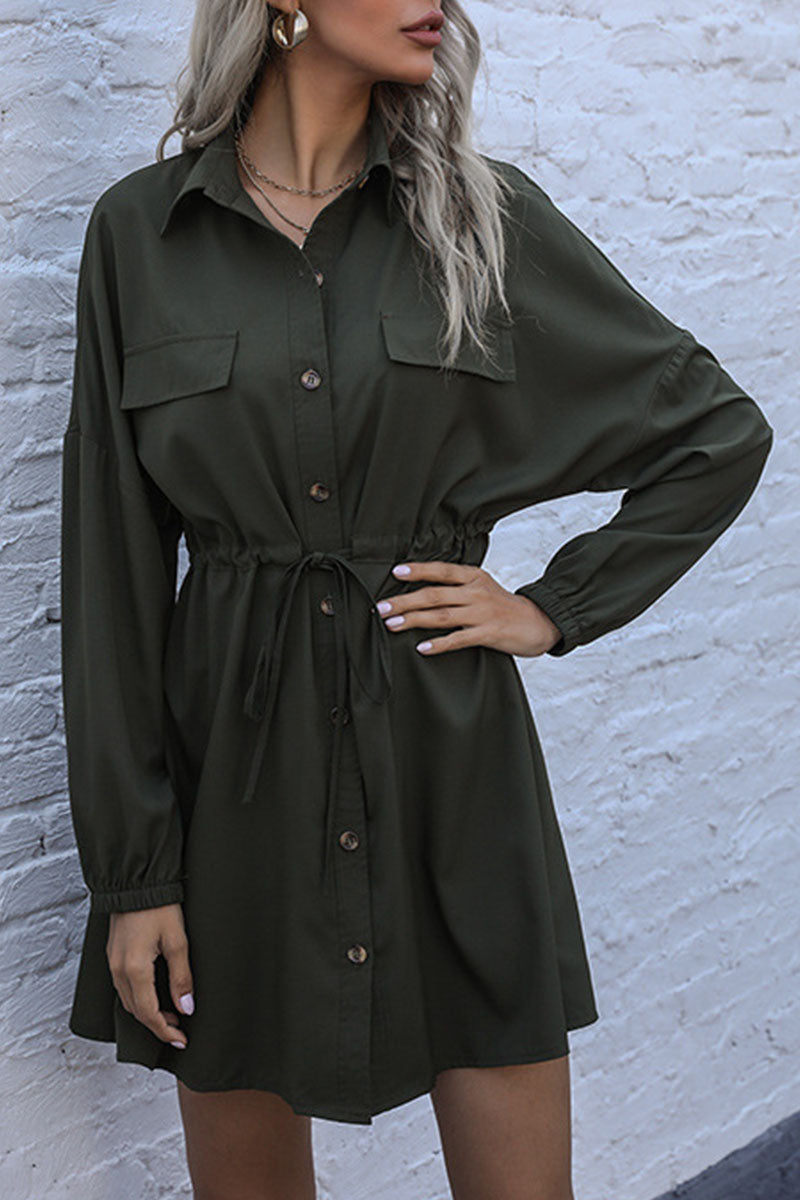 Kaynafashions - Fashion Street Solid Patchwork Turndown Collar A Line Dresses