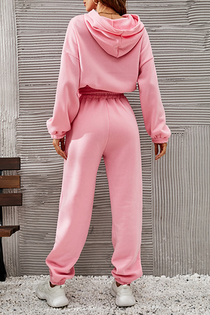 Kaynafashions - Casual Sportswear Solid Fold Hooded Collar Long Sleeve Two Pieces