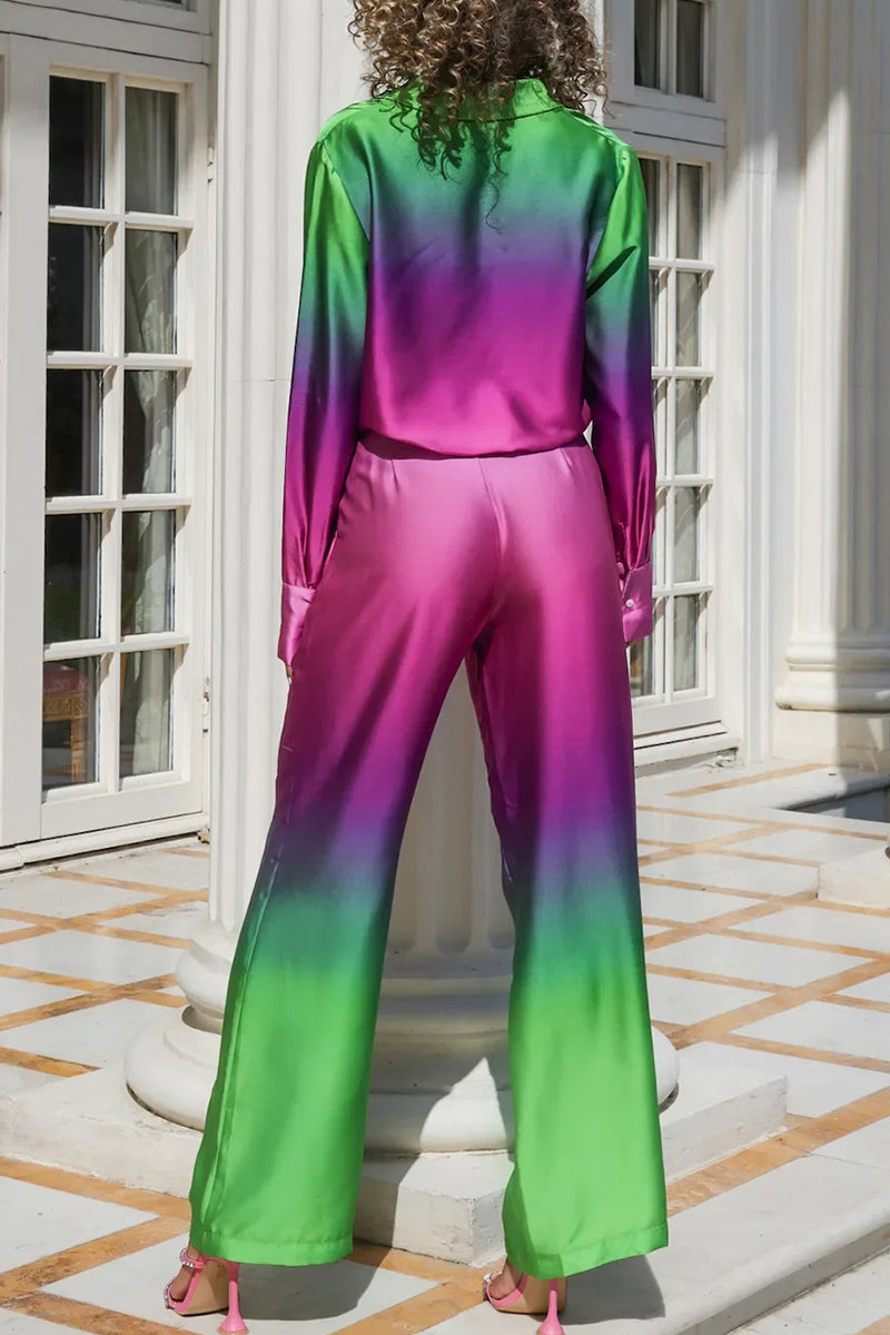 Kaynafashions - Casual Gradual Change Contrast Turndown Collar Long Sleeve Two Pieces(8 Colors)