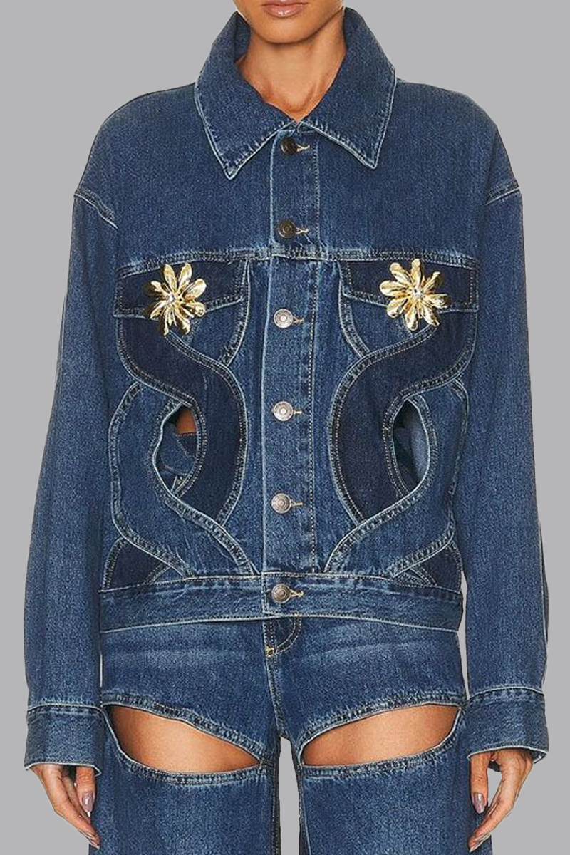 Kaynafashions - Casual Color Lump Solid Hollowed Out Buttons Metal Accessories Decoration Turndown Collar Long Sleeve Regular Denim Jacket