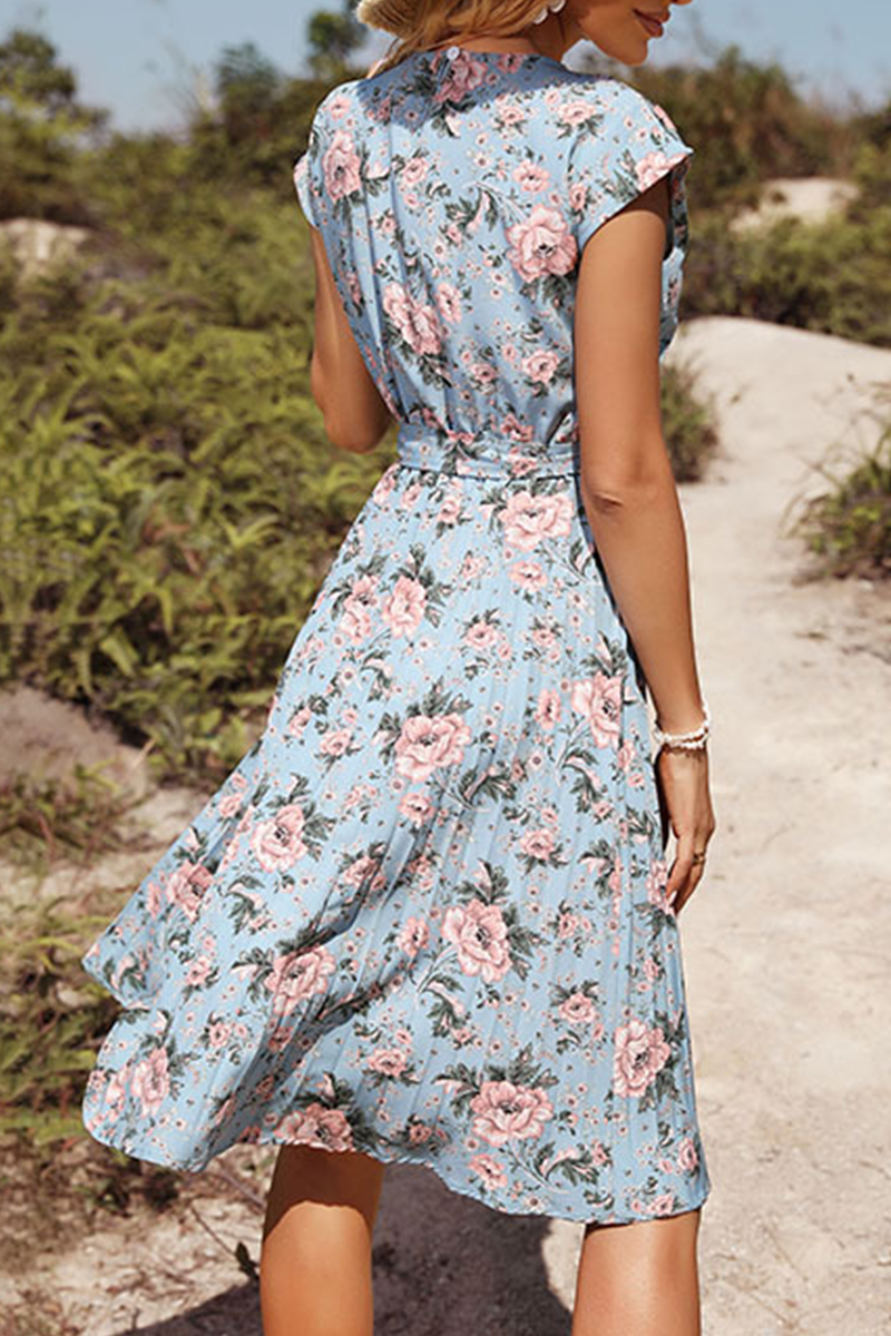 Kaynafashions - Casual Print Patchwork O Neck Waist Skirt Dresses