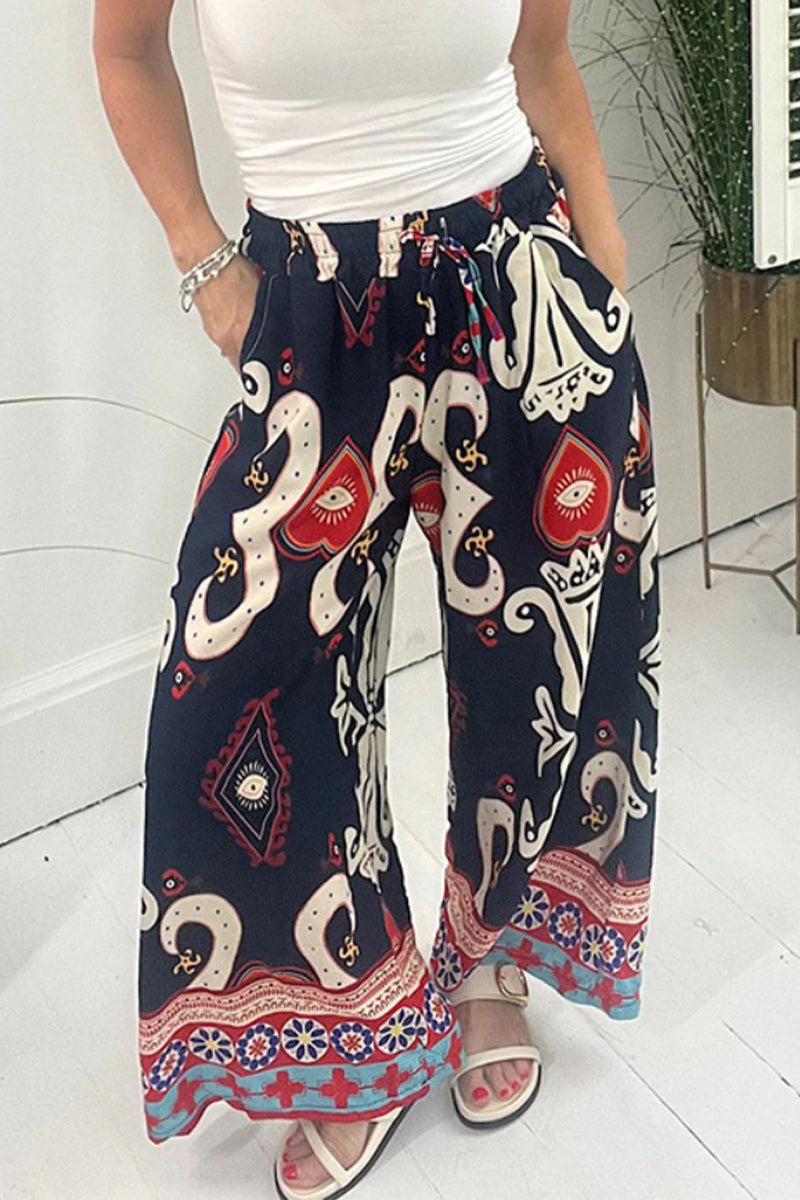 Kaynafashions - Casual Print Pocket Loose Wide Leg Full Print Bottoms