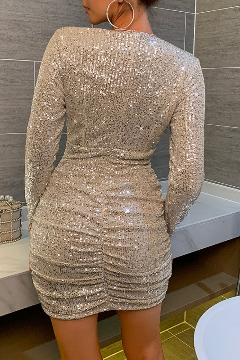 Kaynafashions - Sexy Patchwork Sequins Fold V Neck Long Sleeve Dresses(5 Colors)