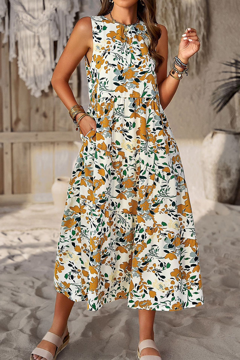 Kaynafashions - Elegant Floral Pocket Contrast O Neck A Line Dresses