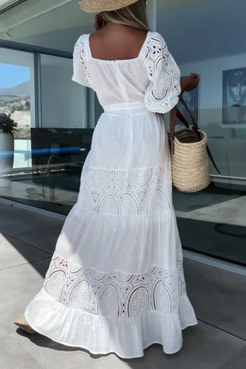 Kaynafashions - Sweet Elegant Solid Lace Hollowed Out Frenulum Square Collar Princess Dresses