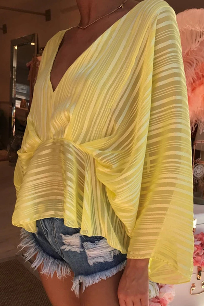 Kaynafashions - Elegant Striped Patchwork V Neck High Waist Tops(5 Colors)