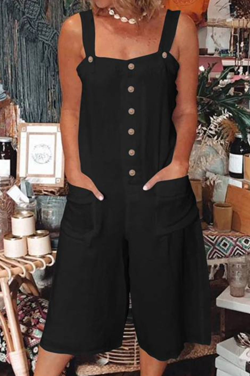 Kaynafashions - Casual Daily Solid Pocket Buttons Square Collar Loose Jumpsuits