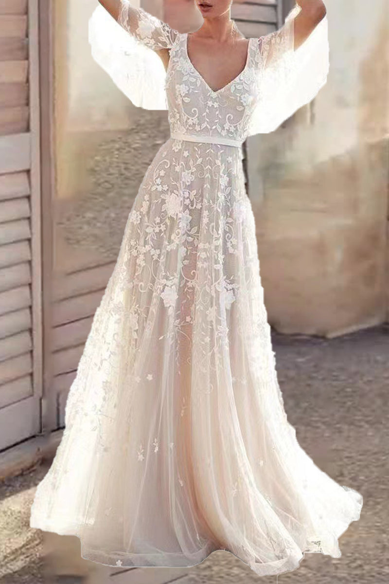 Kaynafashions - Elegant Formal Solid Lace Backless V Neck Dresses