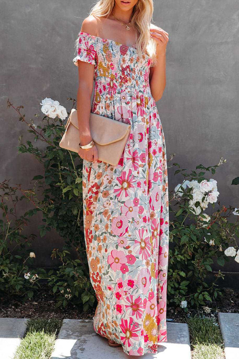 Kaynafashions - Elegant Vacation Floral Patchwork Off the Shoulder Printed Dress Dresses