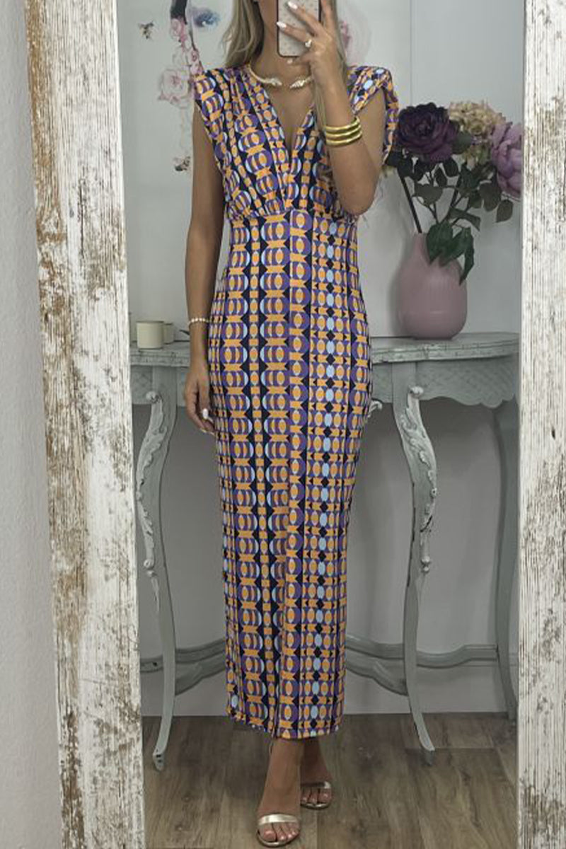 Kaynafashions - Casual Geometric Printing V Neck Sleeveless Dress Dresses