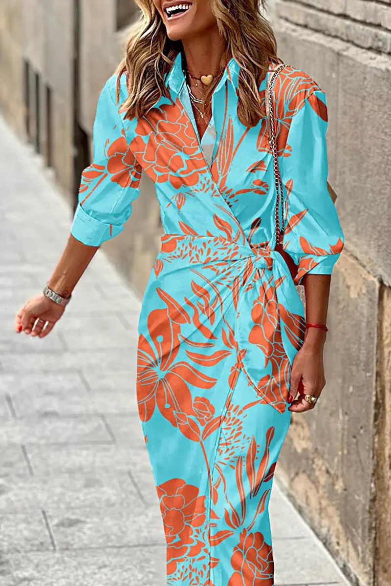 Kaynafashions - Fashion Print Patchwork Turndown Collar Shirt Dress Dresses(9 colors)